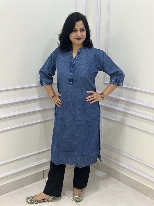 Denim Kurta ice wash Pattern  - Denim Blue