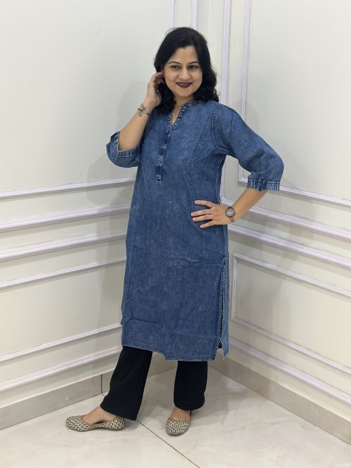 Denim Kurta ice wash Pattern  - Denim Blue