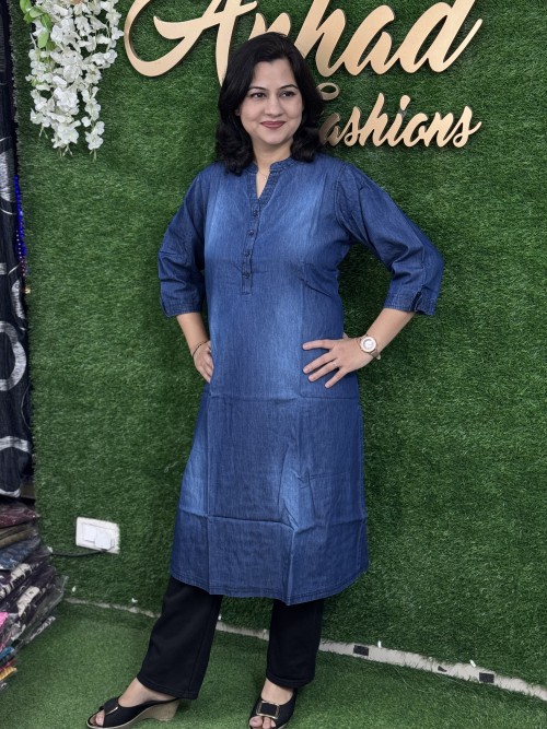 Denim Kurta ice wash and Solid Pattern  - Denim Blue 