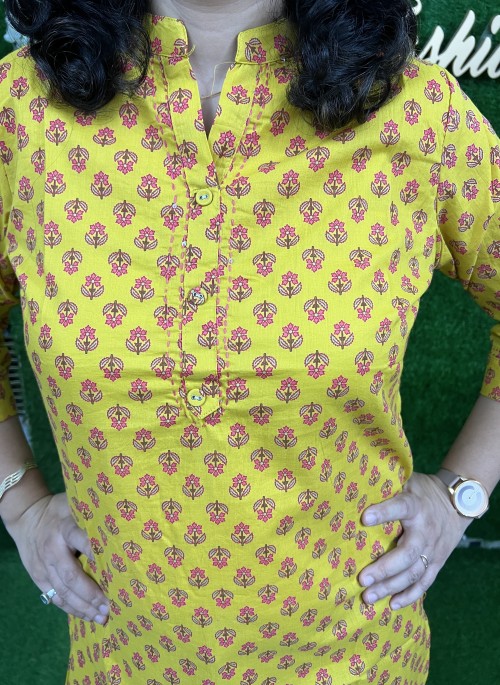 Pure Cotton Short Kurta -cum Jeans Top  - Yellow