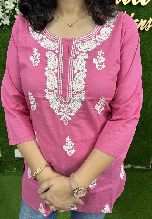 Pure Cotton Embroidered Short Kurta -cum Jeans Top  - Pink