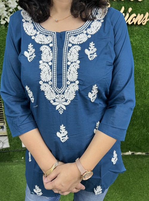 Pure Cotton Embroidered Short Kurta -cum Jeans Top  - Peacock