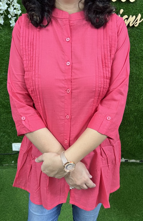 Pure Cotton Pintex Short Kurta -cum Jeans Top  - Carrot Pink