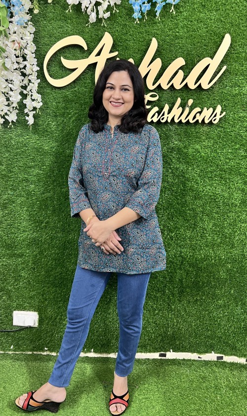 Pure Cotton Short Kurta -cum Jeans Top  - Peacock