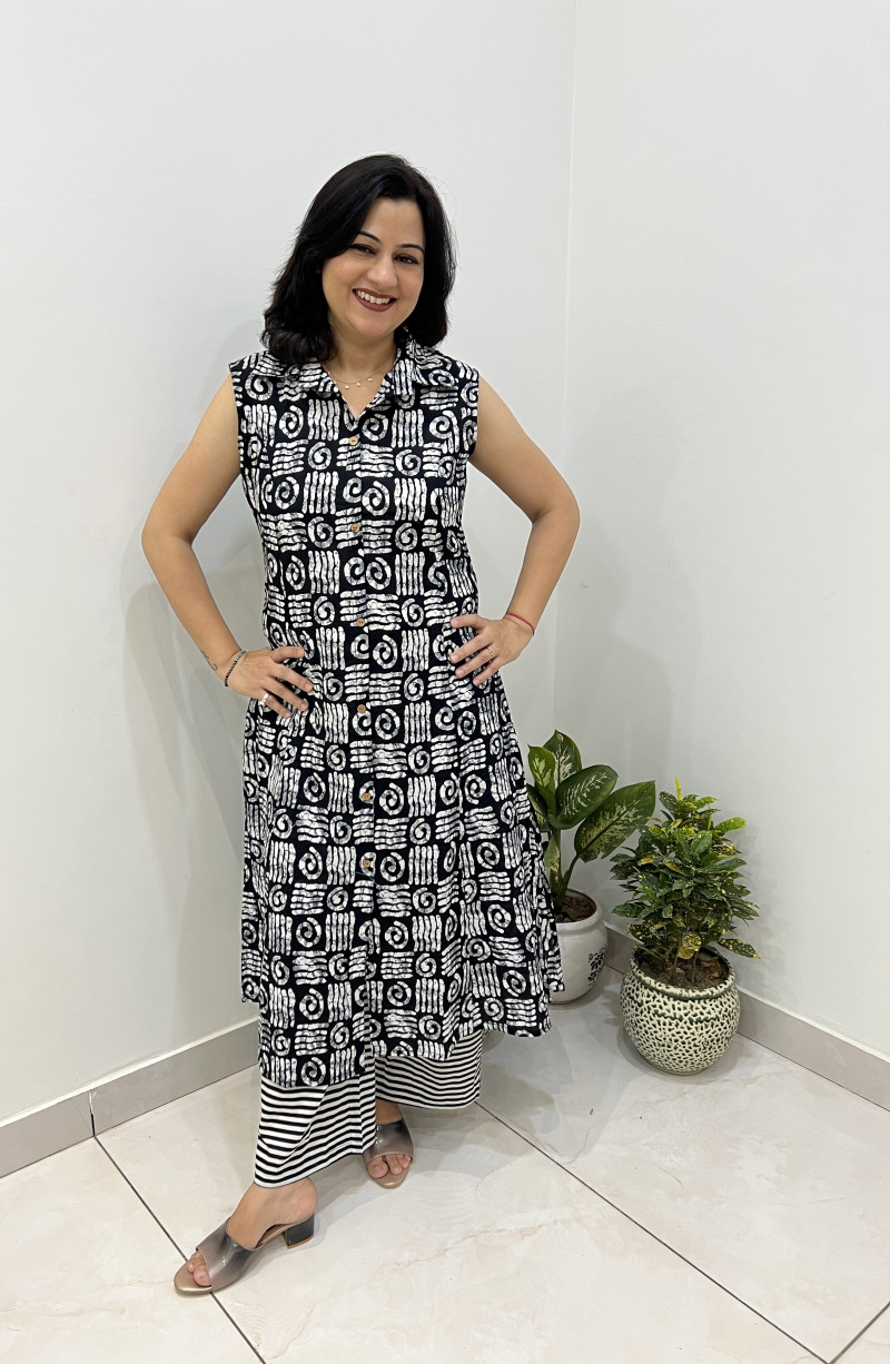 Pure Cotton 2 Pc Dress A-line pattern with Plazo Pant - Black Matrix