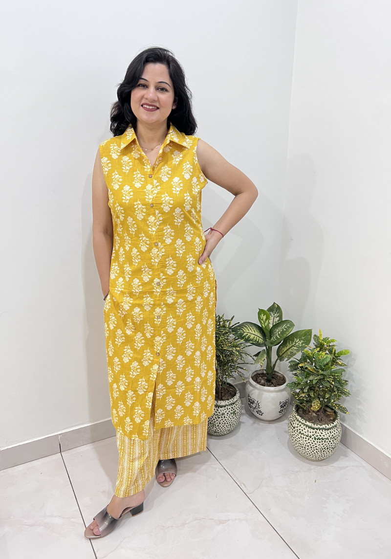 Pure Cotton 2 Pc Dress A-line pattern with Plazo Pant - Yellow