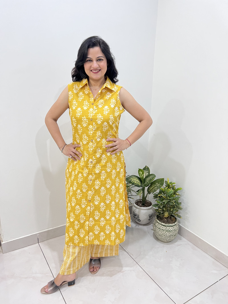 Pure Cotton 2 Pc Dress A-line pattern with Plazo Pant - Yellow