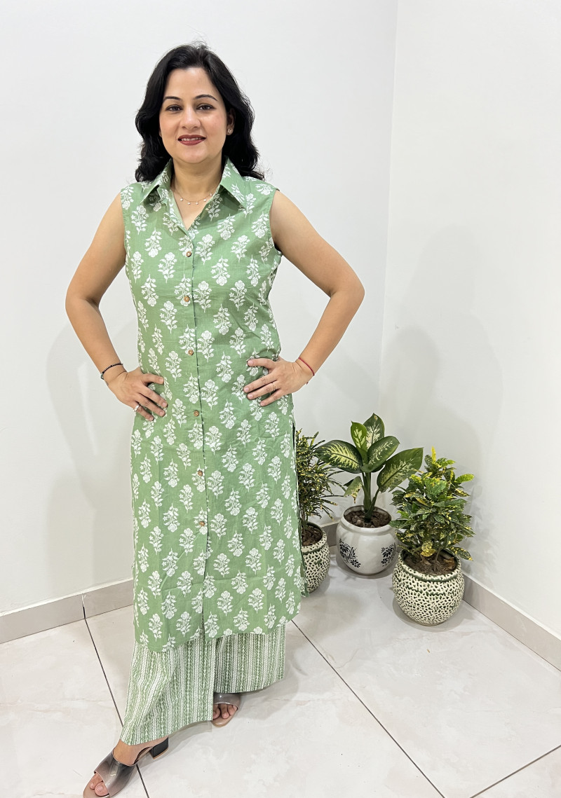 Pure Cotton 2 Pc Dress A-line pattern with Plazo Pant - English Green