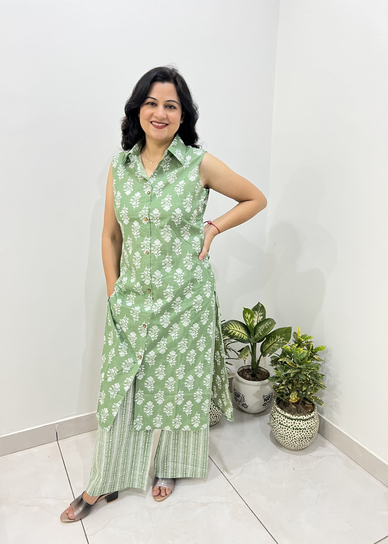 Pure Cotton 2 Pc Dress A-line pattern with Plazo Pant - English Green