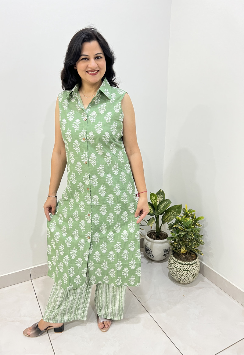 Pure Cotton 2 Pc Dress A-line pattern with Plazo Pant - English Green