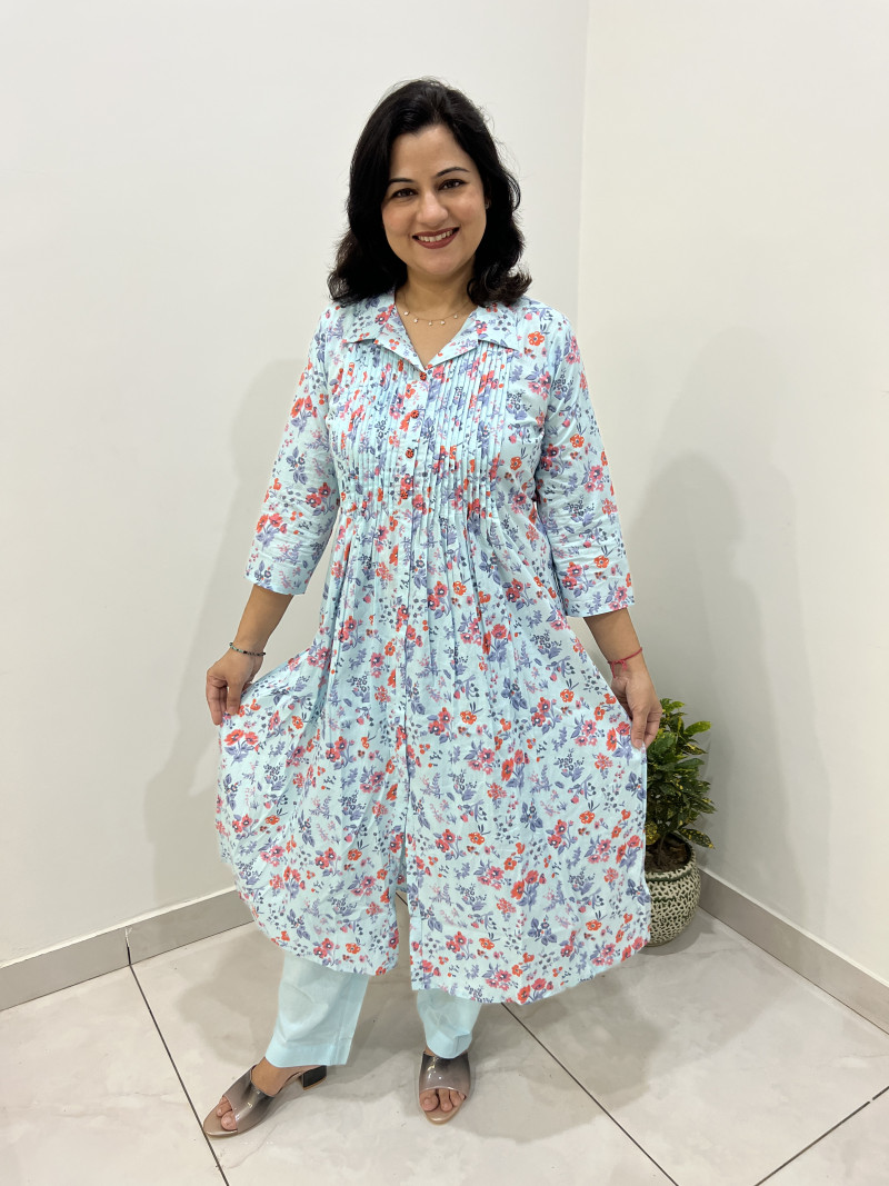 Pure Cotton 2 Pc Dress A-line pattern with Straight Pant - Ice Blue