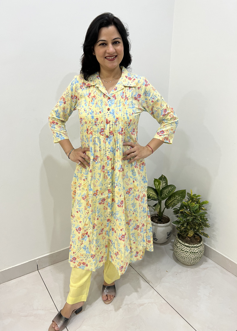 Pure Cotton 2 Pc Dress A-line pattern with Straight Pant - Lemon Yellow