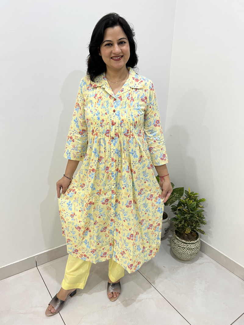 Pure Cotton 2 Pc Dress A-line pattern with Straight Pant - Lemon Yellow