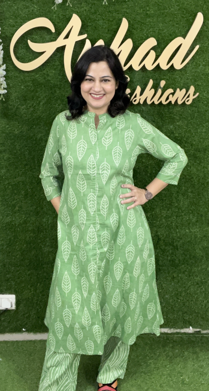 Pure Cotton 2 Pc Dress A-line pattern with Straight Pant - Green