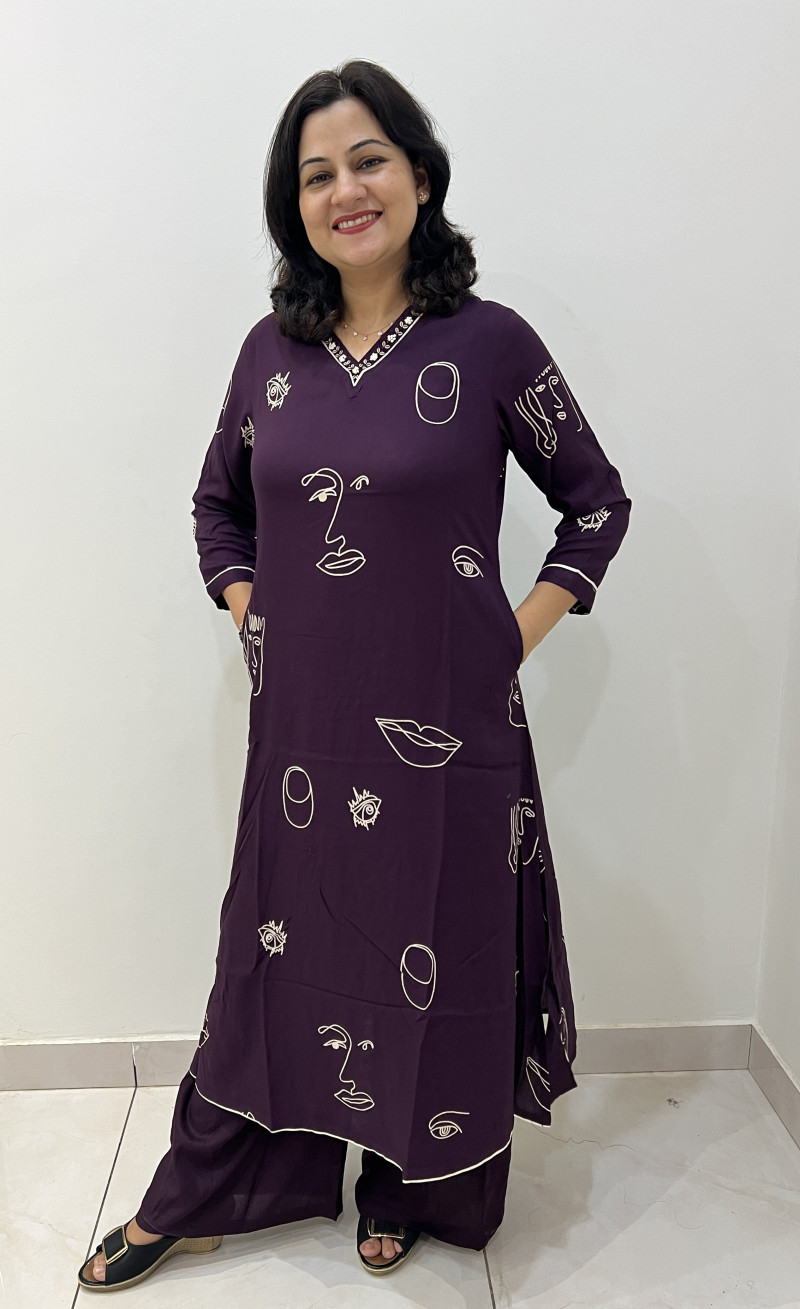 Premium Rayon Cotton 2 Pc Dress A-line pattern with Plazo Pant - Wine