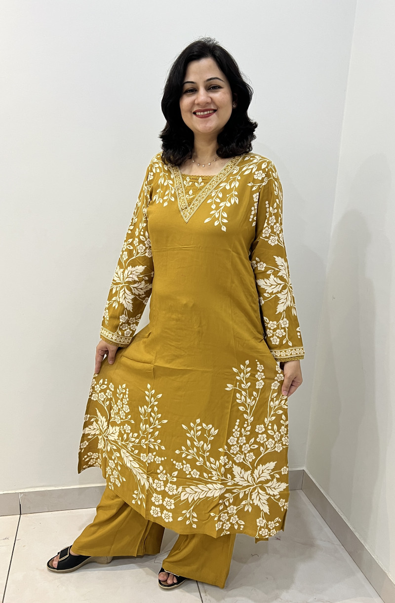 Premium Rayon Cotton 2 Pc Dress A-line pattern with Plazo Pant - Mustard