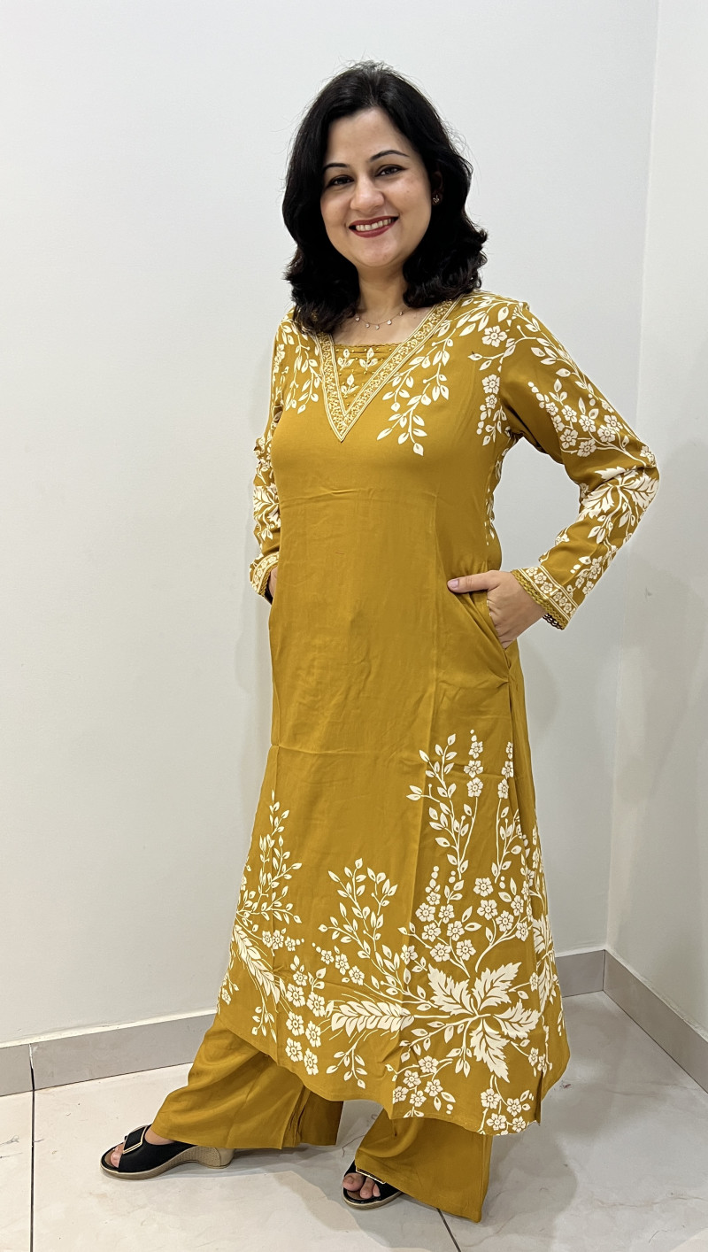 Premium Rayon Cotton 2 Pc Dress A-line pattern with Plazo Pant - Mustard