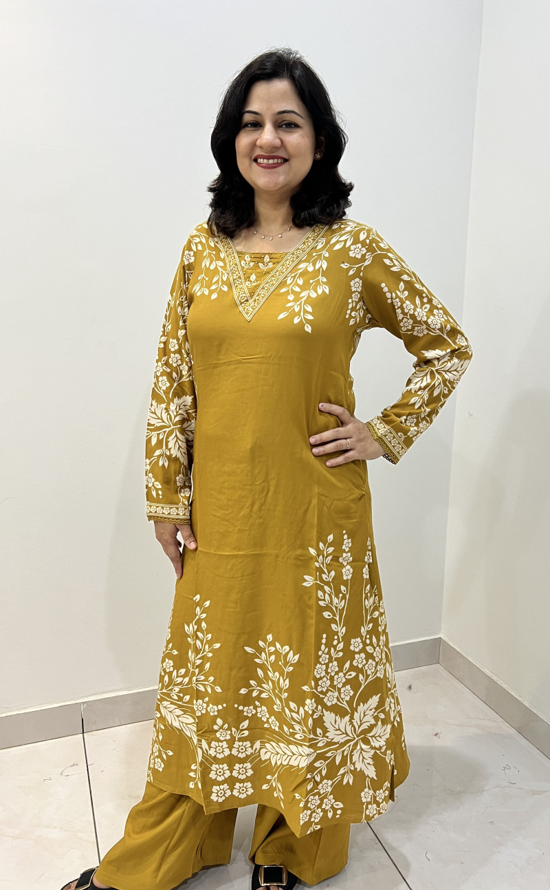 Premium Rayon Cotton 2 Pc Dress A-line pattern with Plazo Pant - Mustard