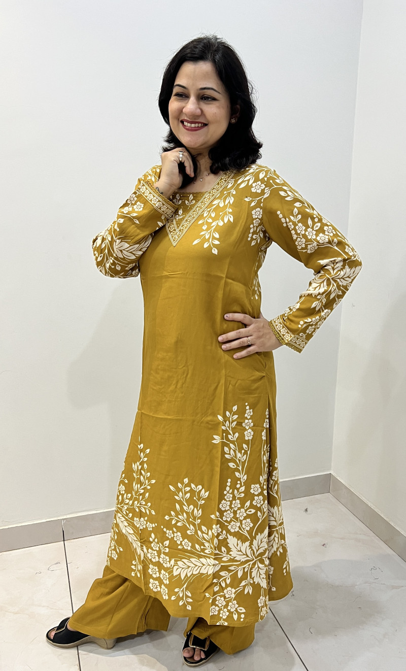 Premium Rayon Cotton 2 Pc Dress A-line pattern with Plazo Pant - Mustard