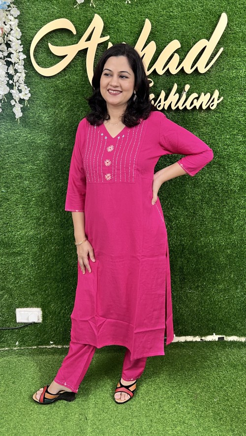 Pure Cotton 2 Pc Dress Regular style with Straight Pant - Hot Pink