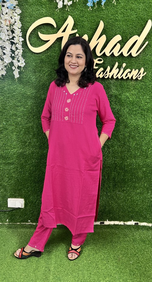 Pure Cotton 2 Pc Dress Regular style with Straight Pant - Hot Pink