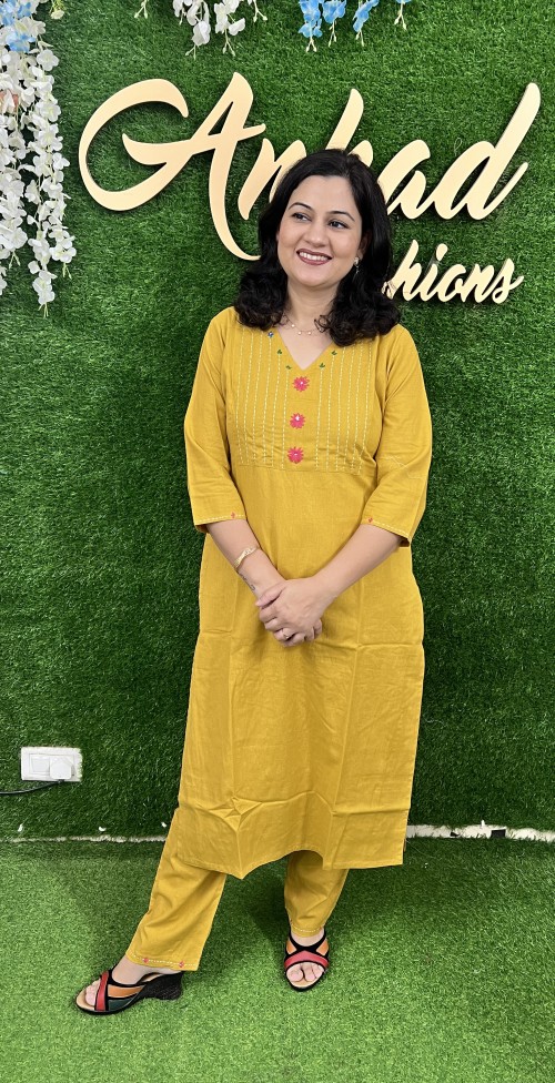 Pure Cotton 2 Pc Dress Regular style with Straight Pant - Mustard