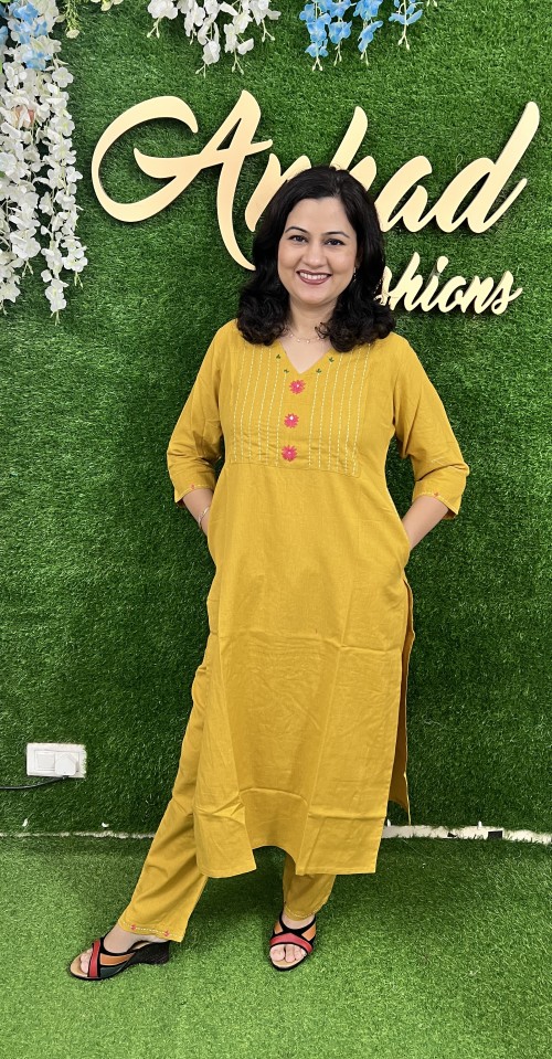 Pure Cotton 2 Pc Dress Regular style with Straight Pant - Mustard