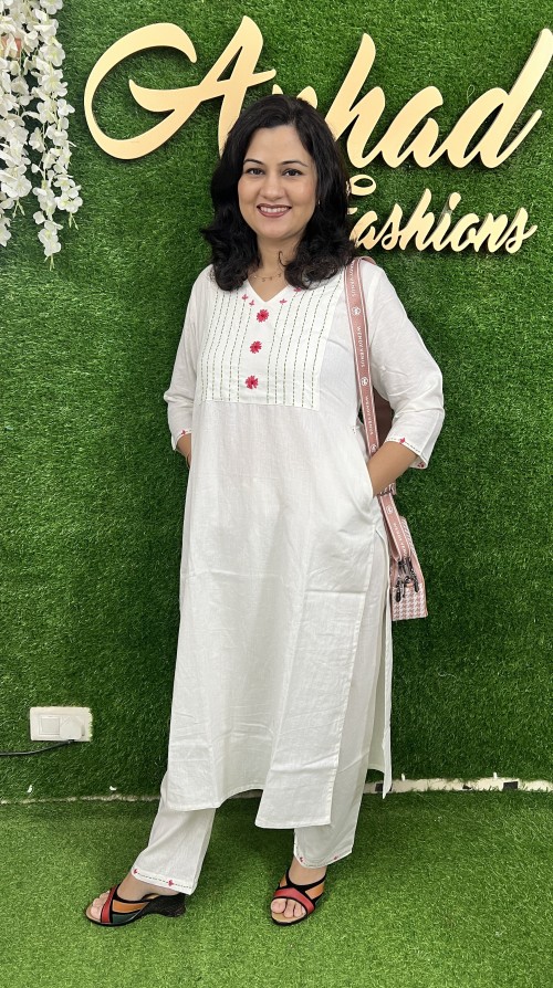 Pure Cotton 2 Pc Dress Regular style with Straight Pant - Milky White