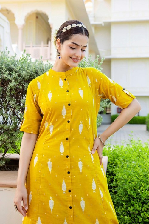 Pure Cotton 2 Pc Dress A-line pattern with Pant Plazo - Yellow