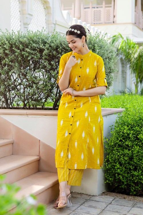 Pure Cotton 2 Pc Dress A-line pattern with Pant Plazo - Yellow