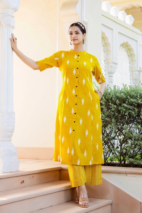 Pure Cotton 2 Pc Dress A-line pattern with Pant Plazo - Yellow