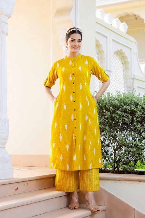 Pure Cotton 2 Pc Dress A-line pattern with Pant Plazo - Yellow