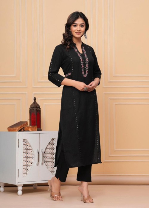 Pure Cotton 2 Pc Dress Solid color pattern Embroidered Shirt with Straight Pant - Black