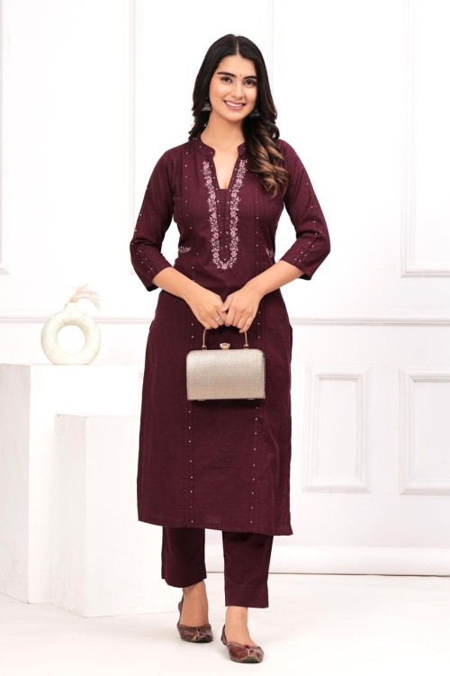 Pure Cotton 2 Pc Dress Solid color pattern Embroidered Shirt with Straight Pant - Wine