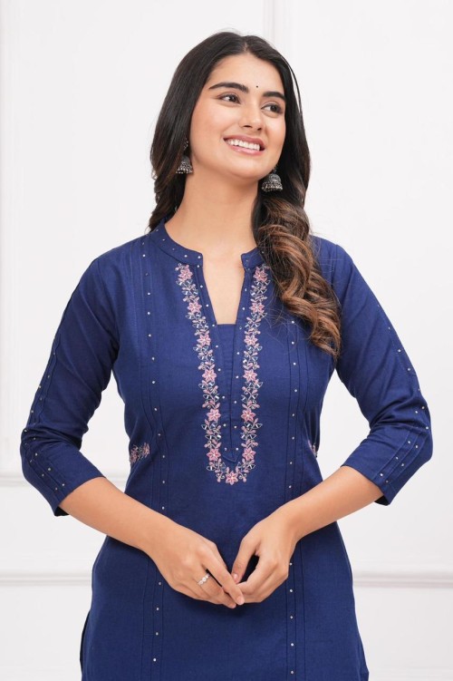 Pure Cotton 2 Pc Dress Solid color pattern Embroidered Shirt with Straight Pant - Blue