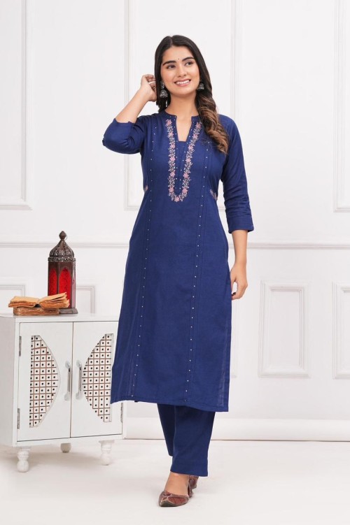 Pure Cotton 2 Pc Dress Solid color pattern Embroidered Shirt with Straight Pant - Blue