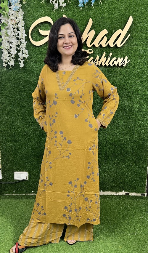 Premium Rayon Cotton 2 Pc Dress A-line pattern with Plazo Pant - Mustard