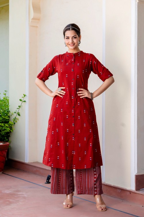 Pure Cotton 2 Pc A-Line Cullotte Set  - Maroonish Red