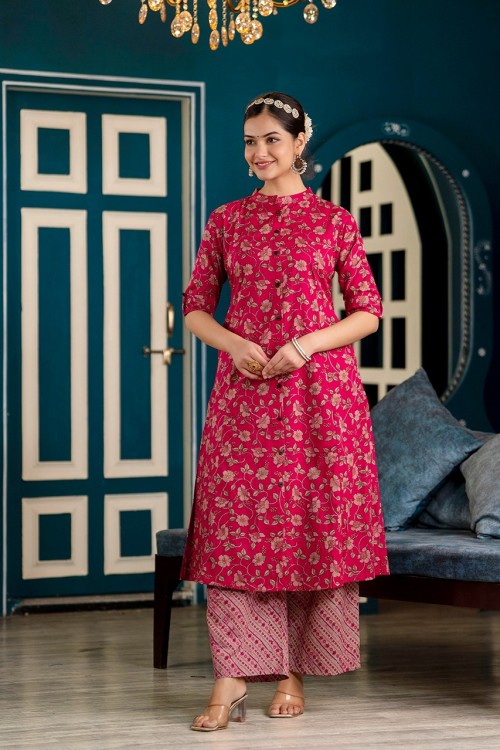 Pure Cotton 2 Pc A-Line Cullotte Set  - Megenta Mughal