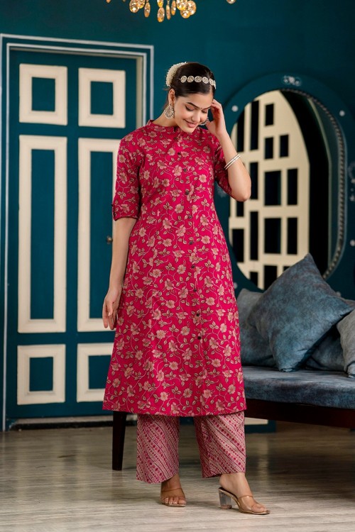 Pure Cotton 2 Pc A-Line Cullotte Set  - Megenta Mughal