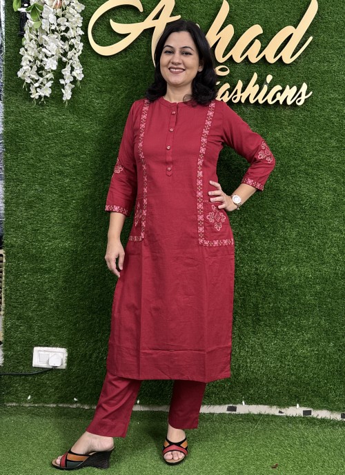 Pure Cotton 2 Pc Dress Embroidered Straight pattern with Pant - Cherry Red