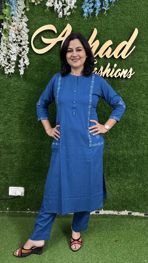 Pure Cotton 2 Pc Dress Embroidered Straight pattern with Pant - Blue