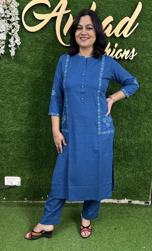 Pure Cotton 2 Pc Dress Embroidered Straight pattern with Pant - Blue