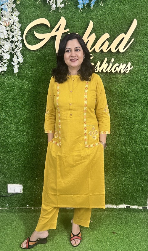 Pure Cotton 2 Pc Dress Embroidered Straight pattern with Pant - Mustard Yellow