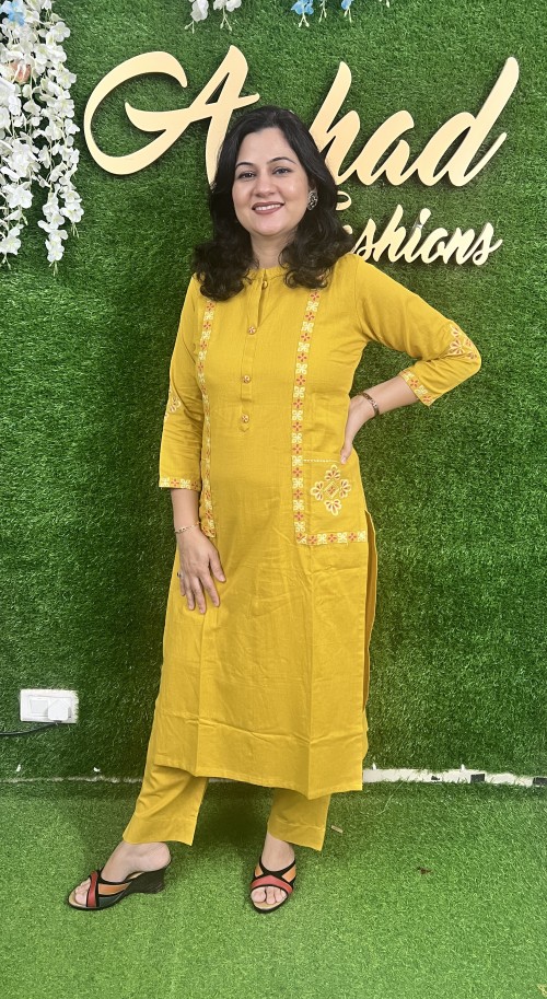 Pure Cotton 2 Pc Dress Embroidered Straight pattern with Pant - Mustard Yellow