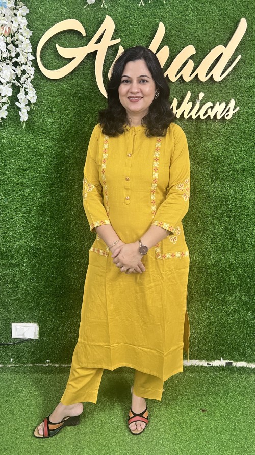 Pure Cotton 2 Pc Dress Embroidered Straight pattern with Pant - Mustard Yellow