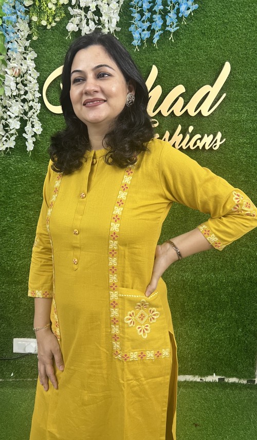 Pure Cotton 2 Pc Dress Embroidered Straight pattern with Pant - Mustard Yellow