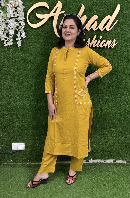 Pure Cotton 2 Pc Dress Embroidered Straight pattern with Pant - Mustard Yellow