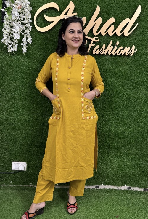 Pure Cotton 2 Pc Dress Embroidered Straight pattern with Pant - Mustard Yellow