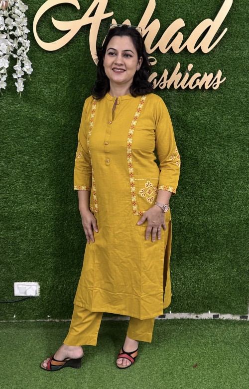 Pure Cotton 2 Pc Dress Embroidered Straight pattern with Pant - Mustard Yellow